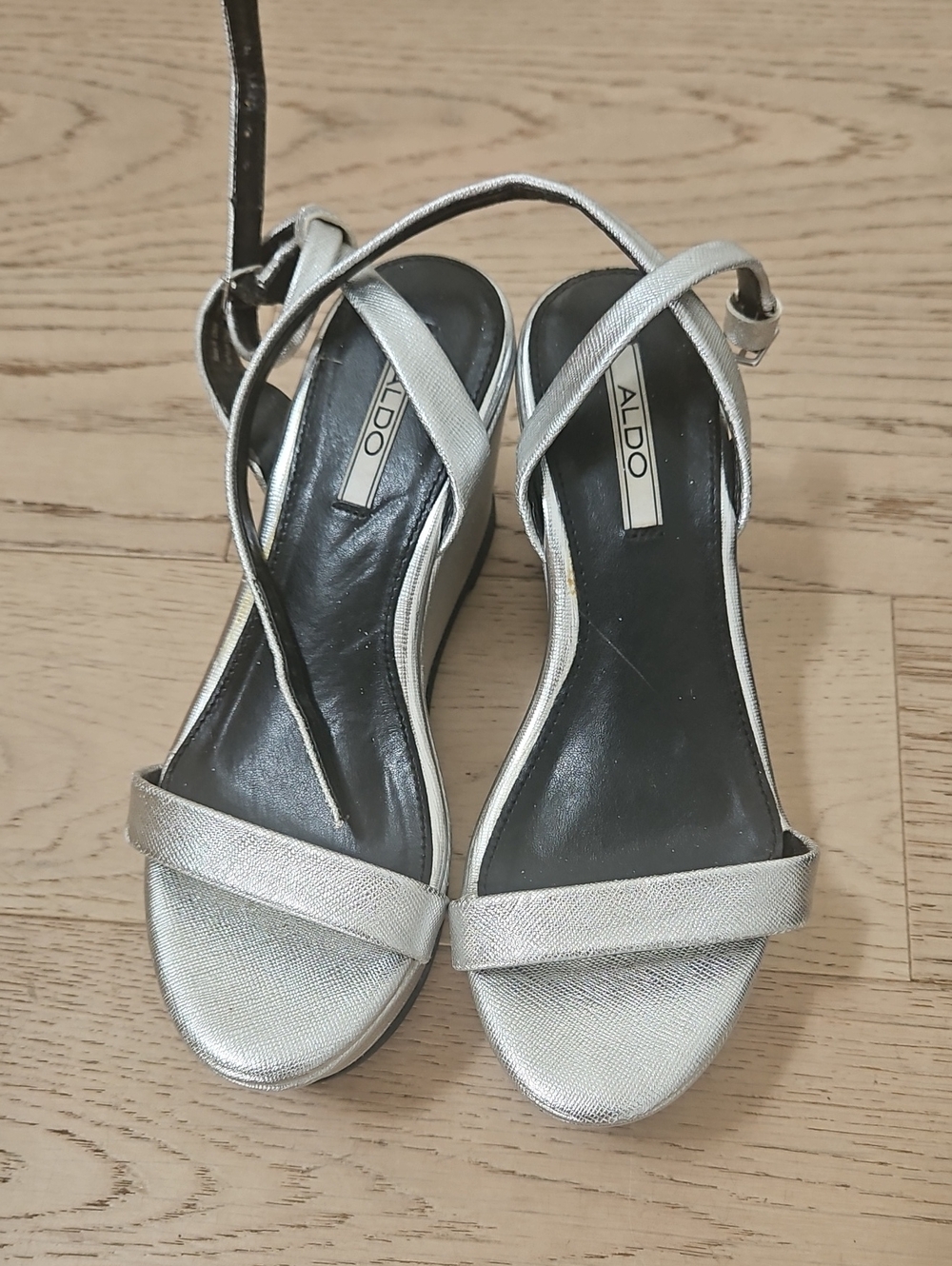 Aldo Metallic Silver Strappy Wedge Sandals